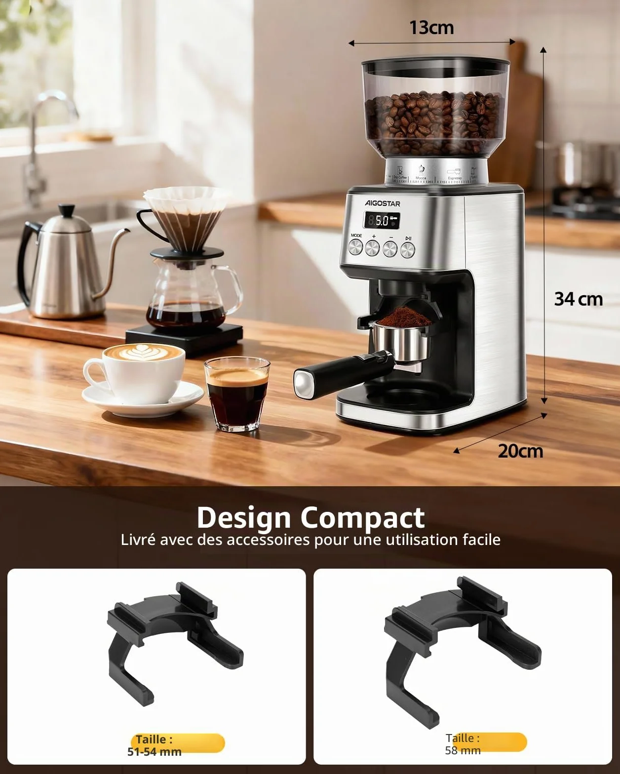 Aigostar Moulin à Café Electrique Conique, 52 Réglages de Meulage, Coffee Grinder Electrique Pour Expresso, Broyeur Cafe Grain Professionnelle Avec Affichage Numérique Précis, Acier Inoxydable, Argent