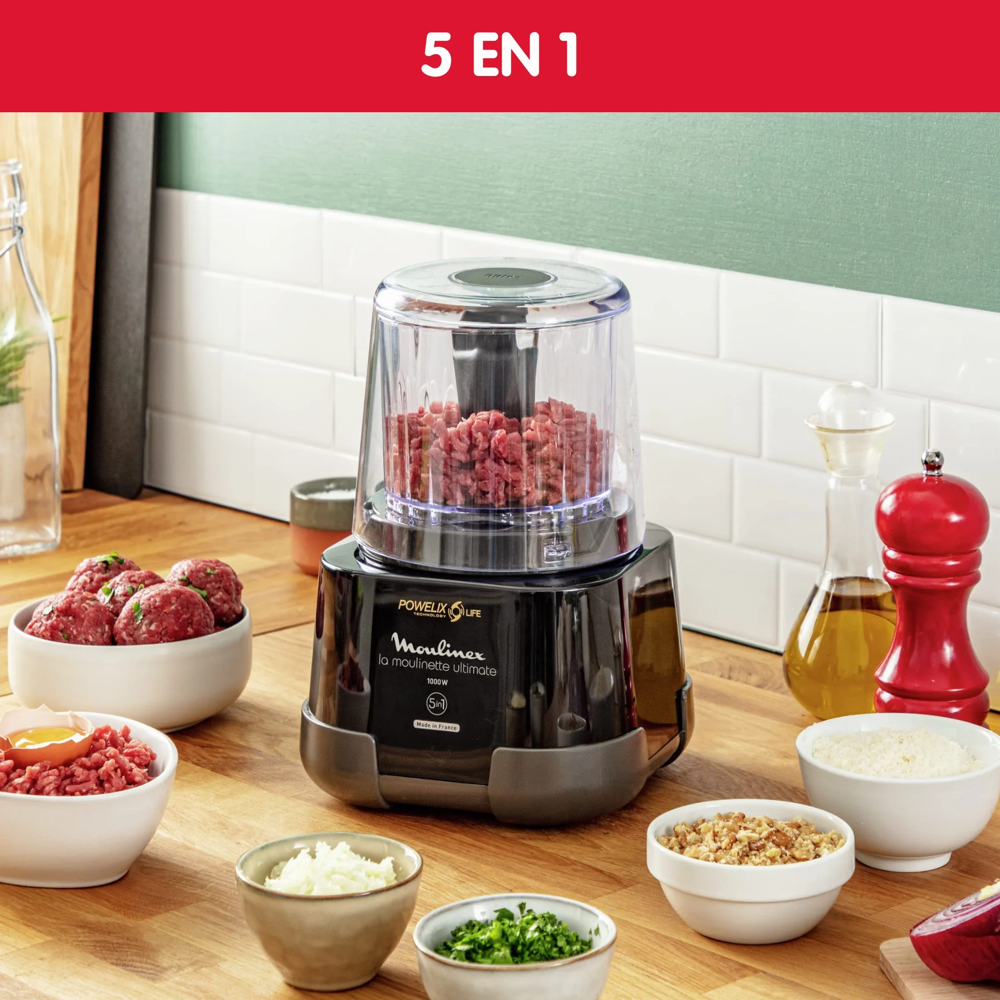 Moulinex 1,2,3 DP8108 - Hachoir électrique 1000 W, 2 lames Powerlife, capacité de jusqu'à 350 g/550 ml, couvercle hermétique, système de protection contre la surchauffe, compact, noir
