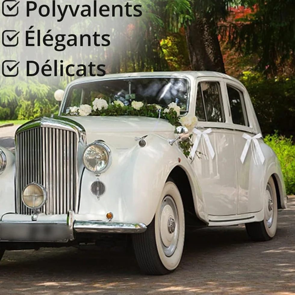50 Noeuds Voiture Mariage Ruban Satin Noeuds d'Antenne Facile Attacher - Blanc 25x12cm