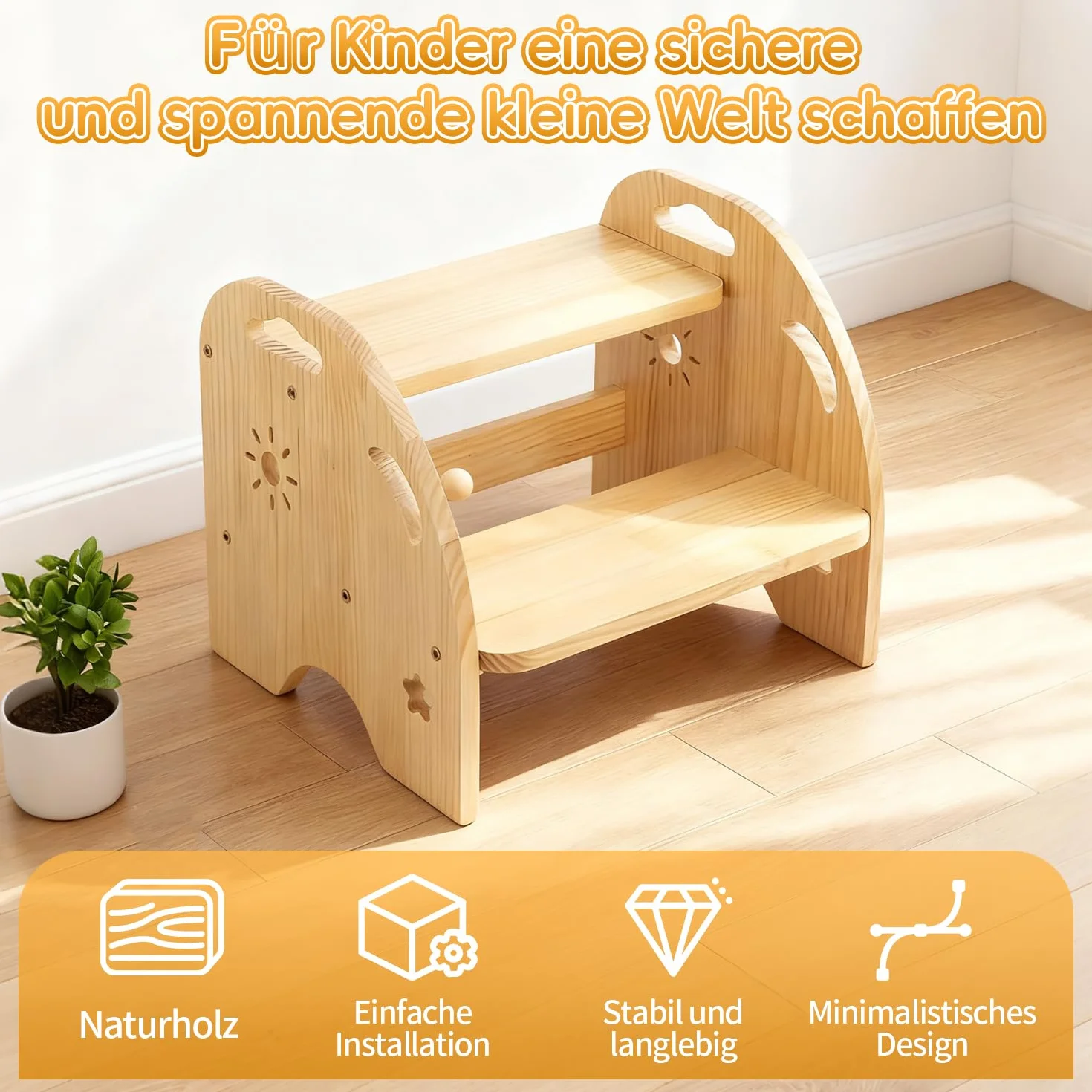 Escabeau pour Enfants,Tabouret en Bois,Petit Repose-Pieds,Marchepied en Bois pour Enfant à 2 Marches,pour Cuisine Et Salle De Bain à Partir De 2 Ans