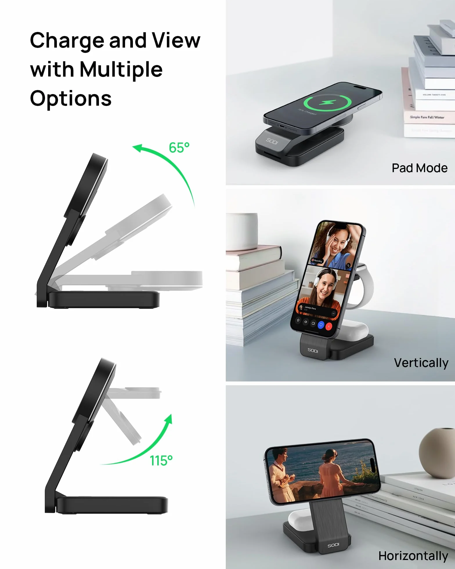 SODI Bezprzewodowa stacja ładująca 3 w 1, certyfikat Qi2, 15 W, składana stacja ładująca do iPhone 16/15/14/13/12, AirPods, Apple Watch