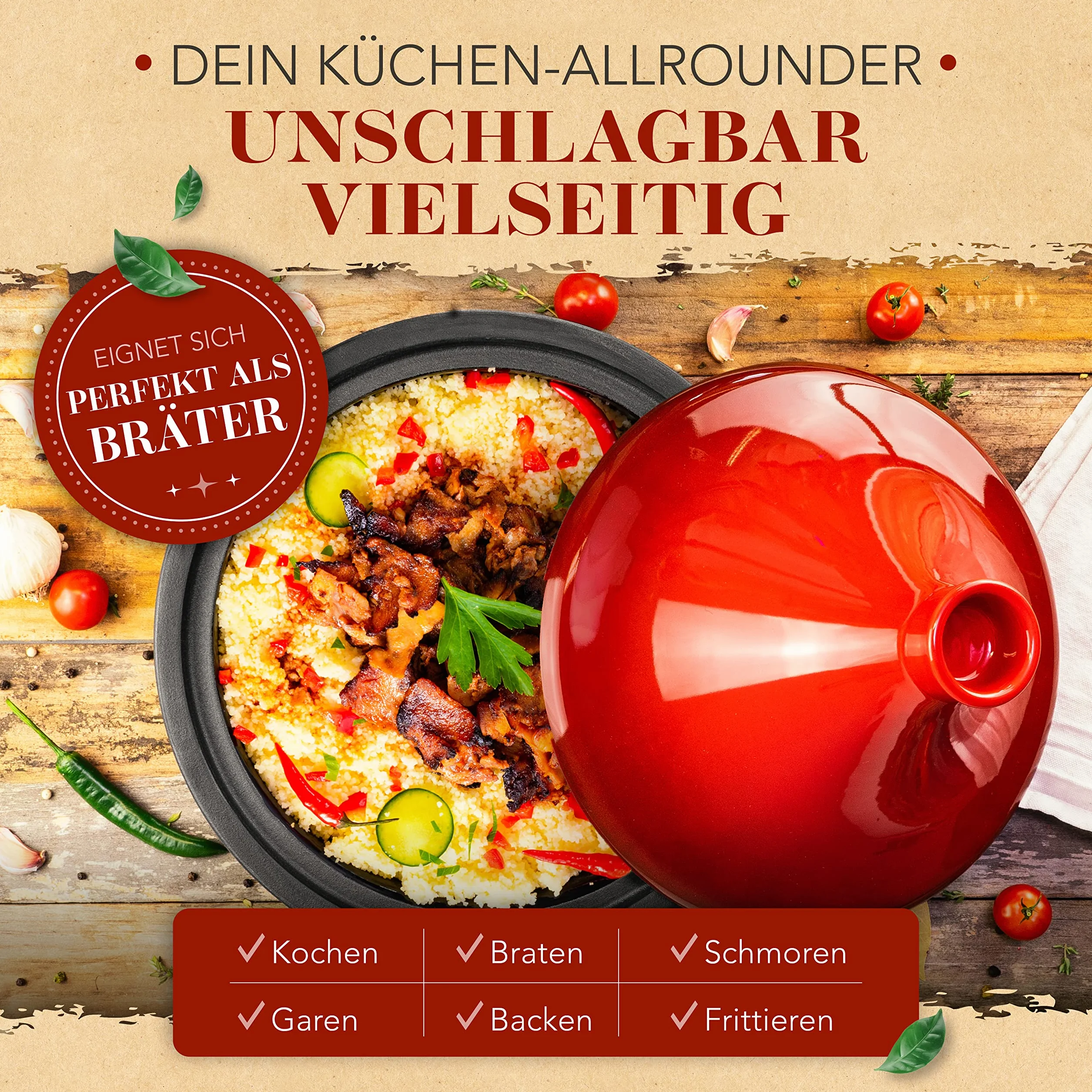 KRUSTENZAUBER Tajine pour 2 à 4 personnes – Tajine oriental en fonte de qualité supérieure de 27 cm – Convient pour induction et four