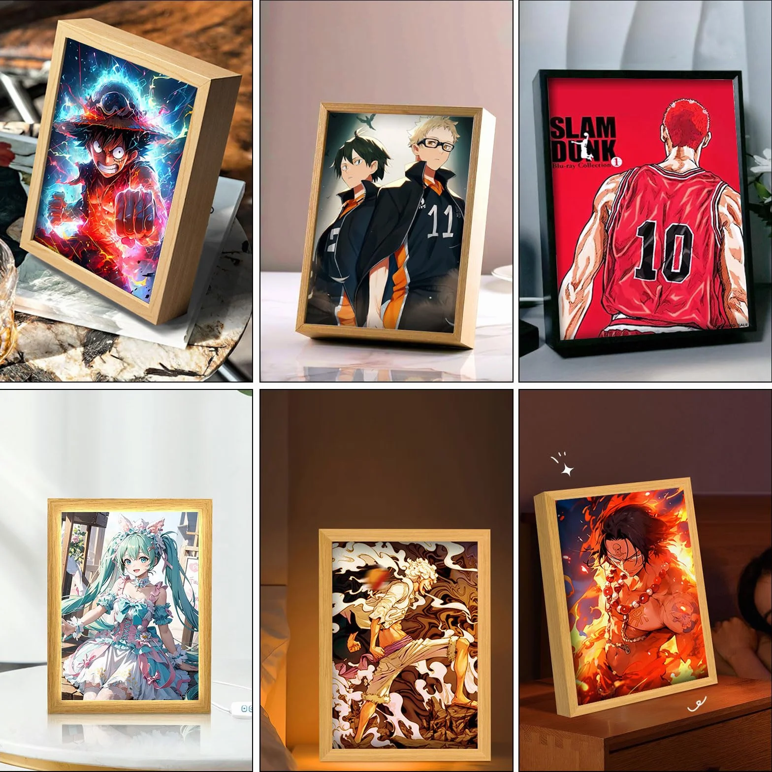 Cadre Photo Anime Miroir Éclairé LED, Luminosité Réglable, Lampe Japonaise pour Salon