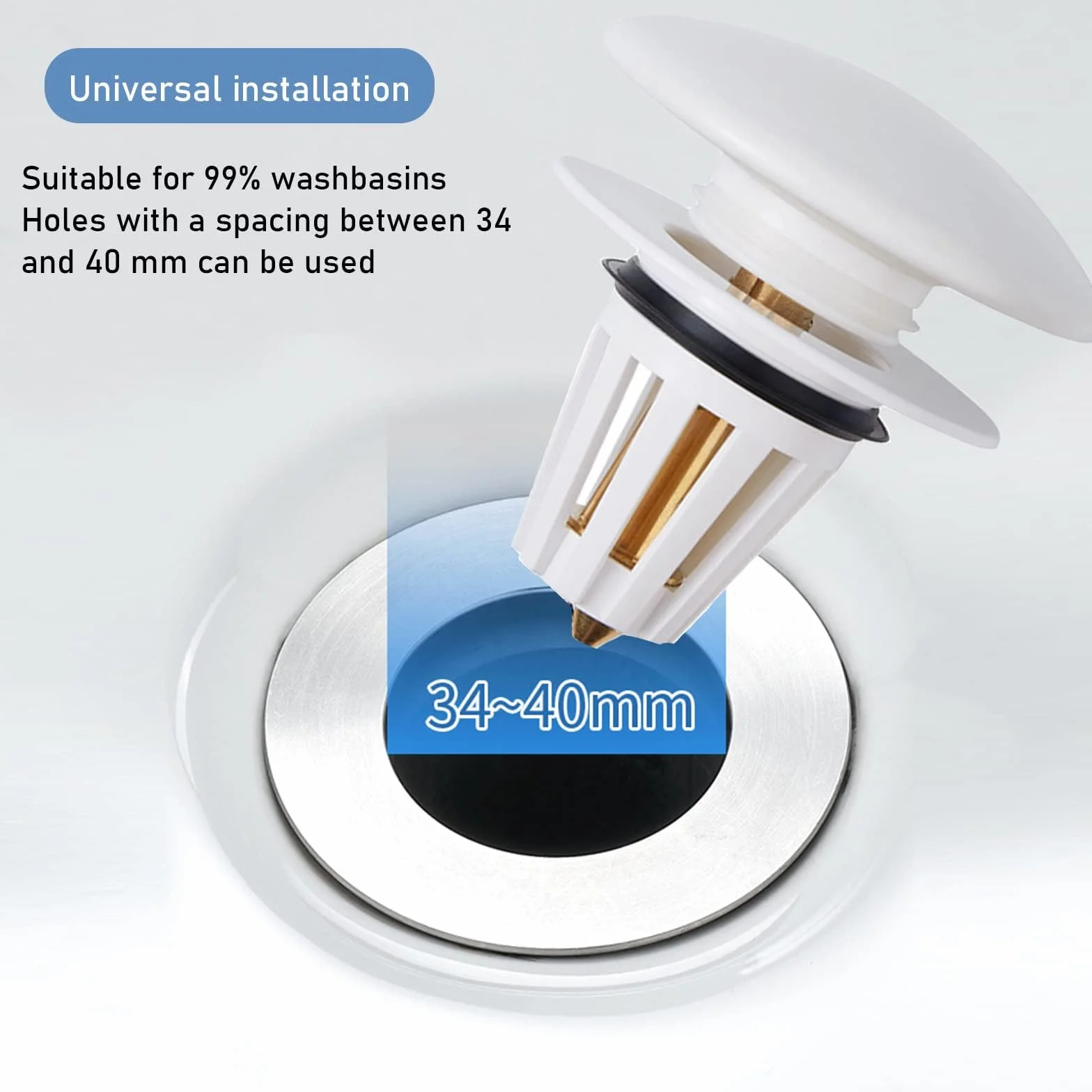 Bonde Lavabo Universel Céramique Blanc Pop Up avec Filtre Anti-Clogging 34-40mm