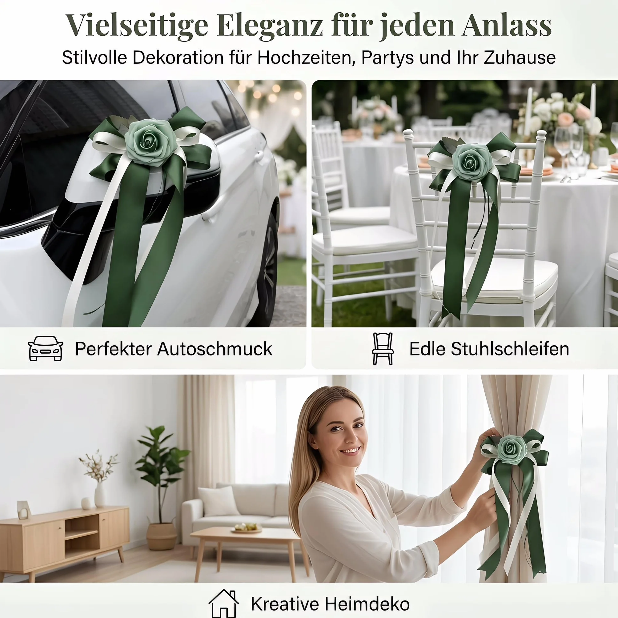 Nœud de voiture en soie simulée 4 pièces Décoration de porte Rétroviseur Mariage