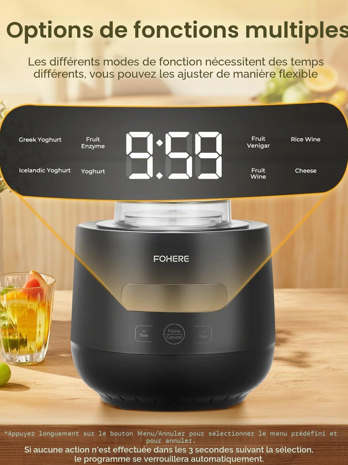 FOHERE Yaourtière 2 XXL pots en Verre 2000 ml et 1400 ml, 4 * 125 ml Tasse en Céramique avec Couvercle, 8 Programmes Automatiques, Ecran LCD, Arrêt Automatique, Sans BPA, 20 Watts