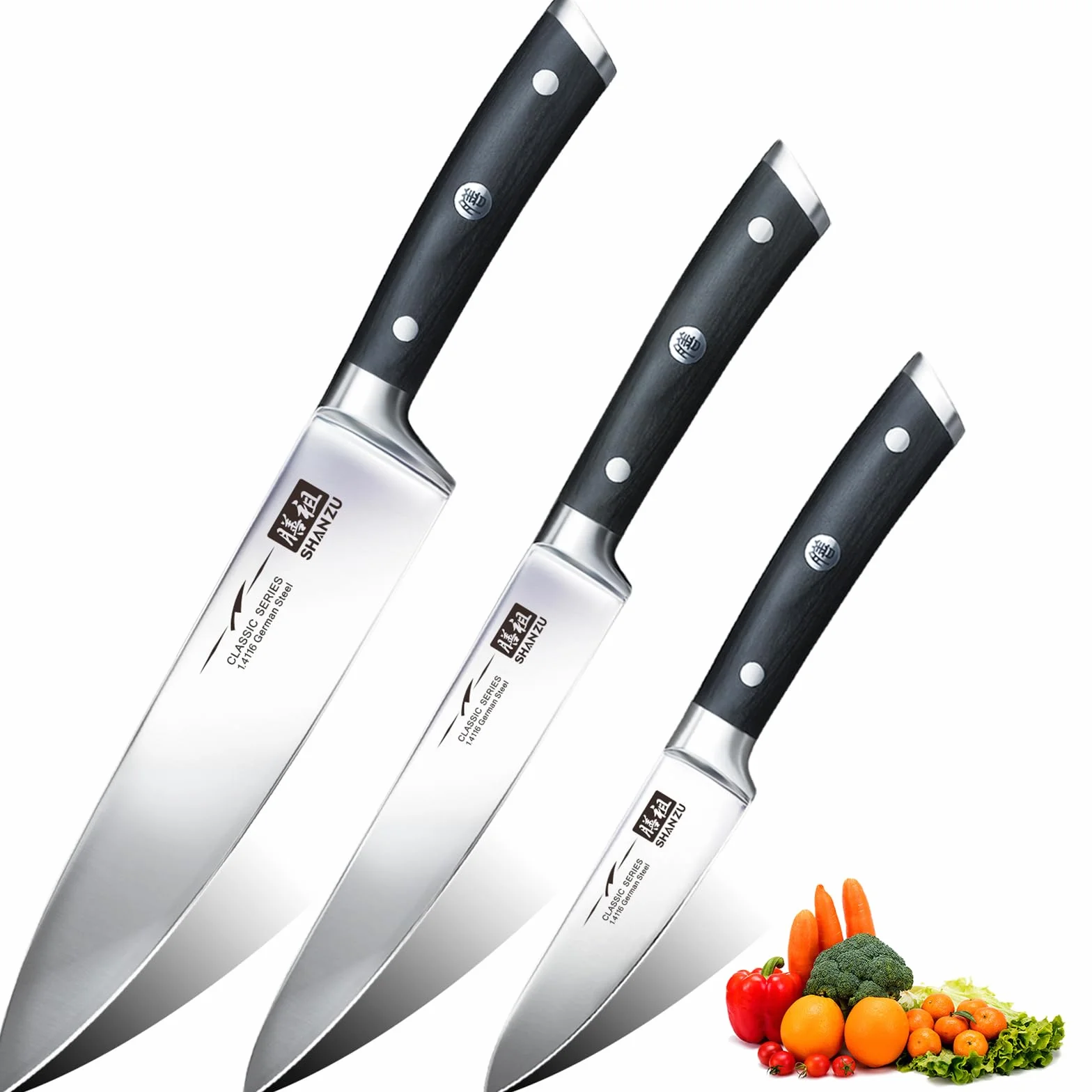 SHAN ZU Set Couteaux Cuisine, 3 Couteaux Japonais Acier Inoxydable, Couteau Chef Universel Paring