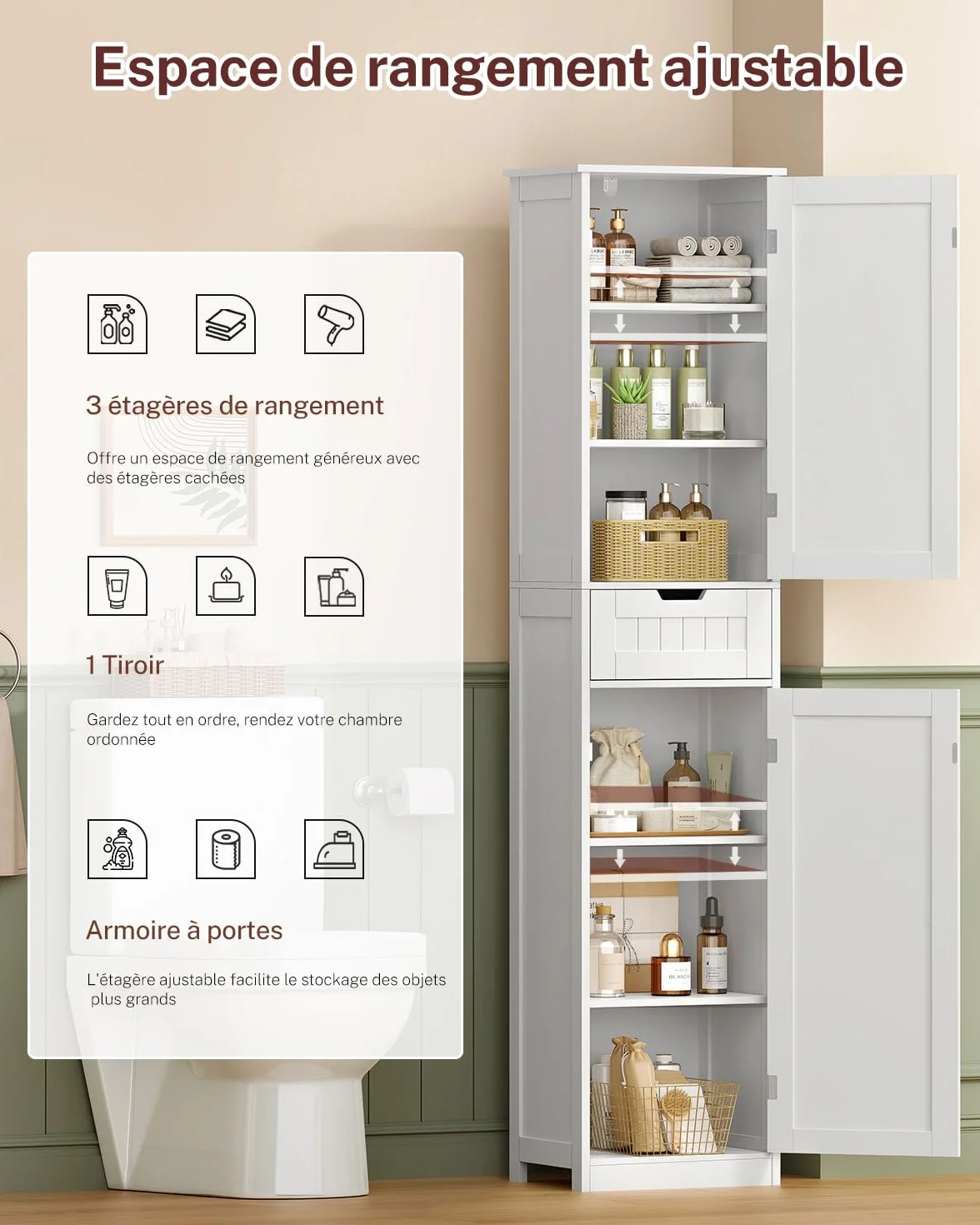 TEENFON Meuble de Salle de Bain avec Portes, Armoire de Rangement Colonne avec Étagères Réglables et Tiroirs, Blanc (40x30x170cm)