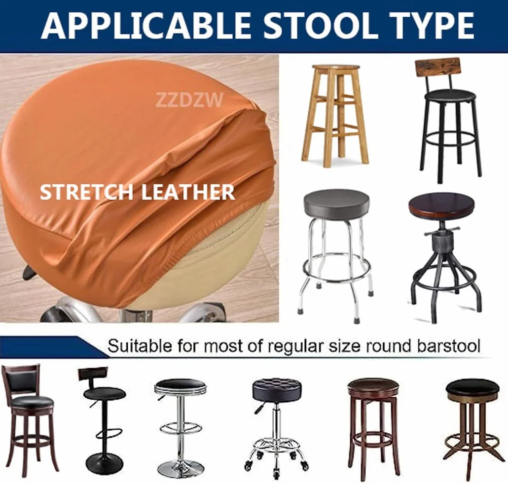 Housse De Tabouret Rond Imperméable Cuir PU Housse Protection Coussin Siège Couvre Tabouret Bar Élastique Noir