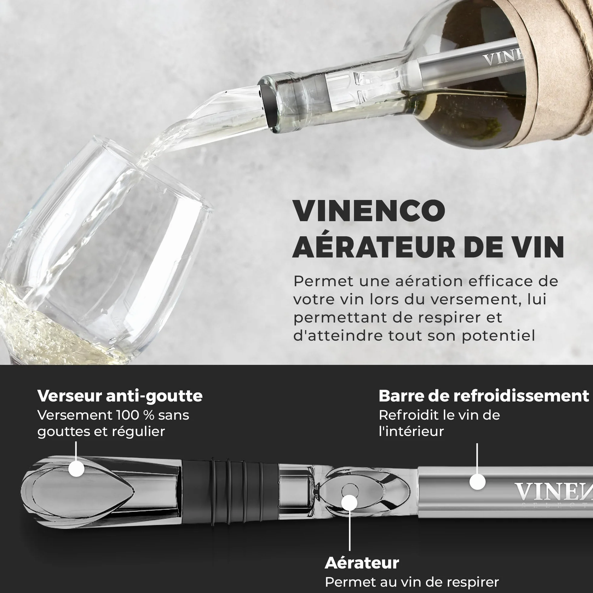 Rafraîchisseur de Bouteille de Vin 3 en 1: 2 Tiges Refroidissement Acier + Aérateur Décanteur + Anti-Goutte | Ensemble Bar