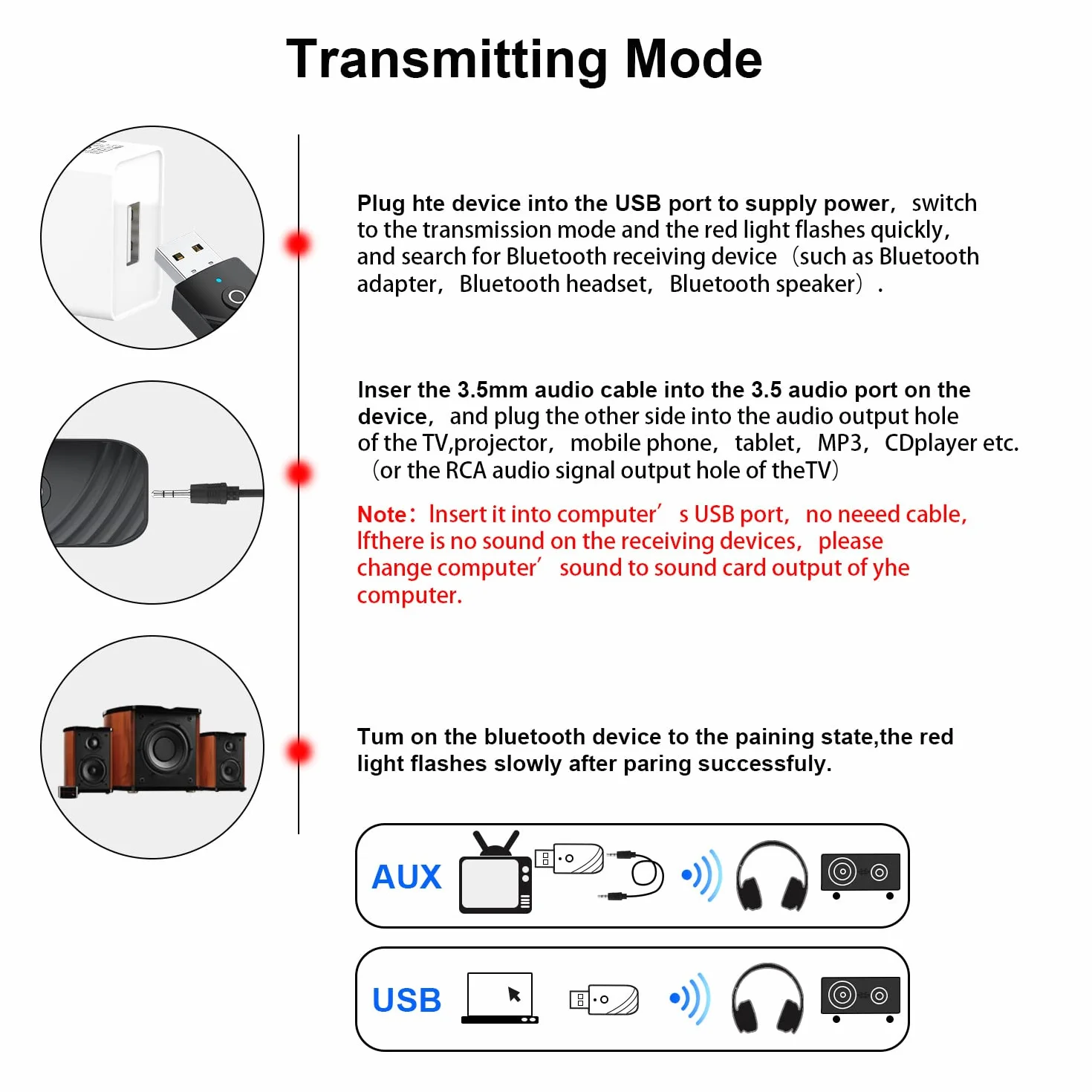 Adapter USB Bluetooth PC dongle transmisor BT5.0 aux do telewizora, słuchawek, wieży stereo samochodu