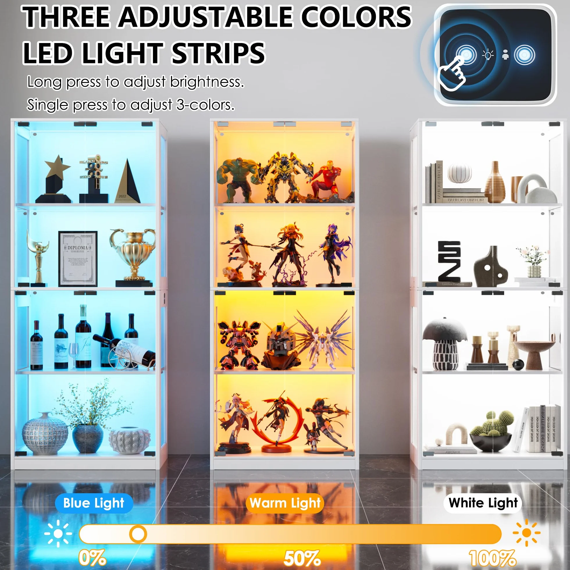 MSFE Vitrine en Verre avec LED, Vitrine pour Collection avec Capteur Intelligent, 4 Couches Multifonction en Verre Debout,Armoir Moderne, Armoire de Salon, Capacité de Charge par Couche: 15 kg, Blanc
