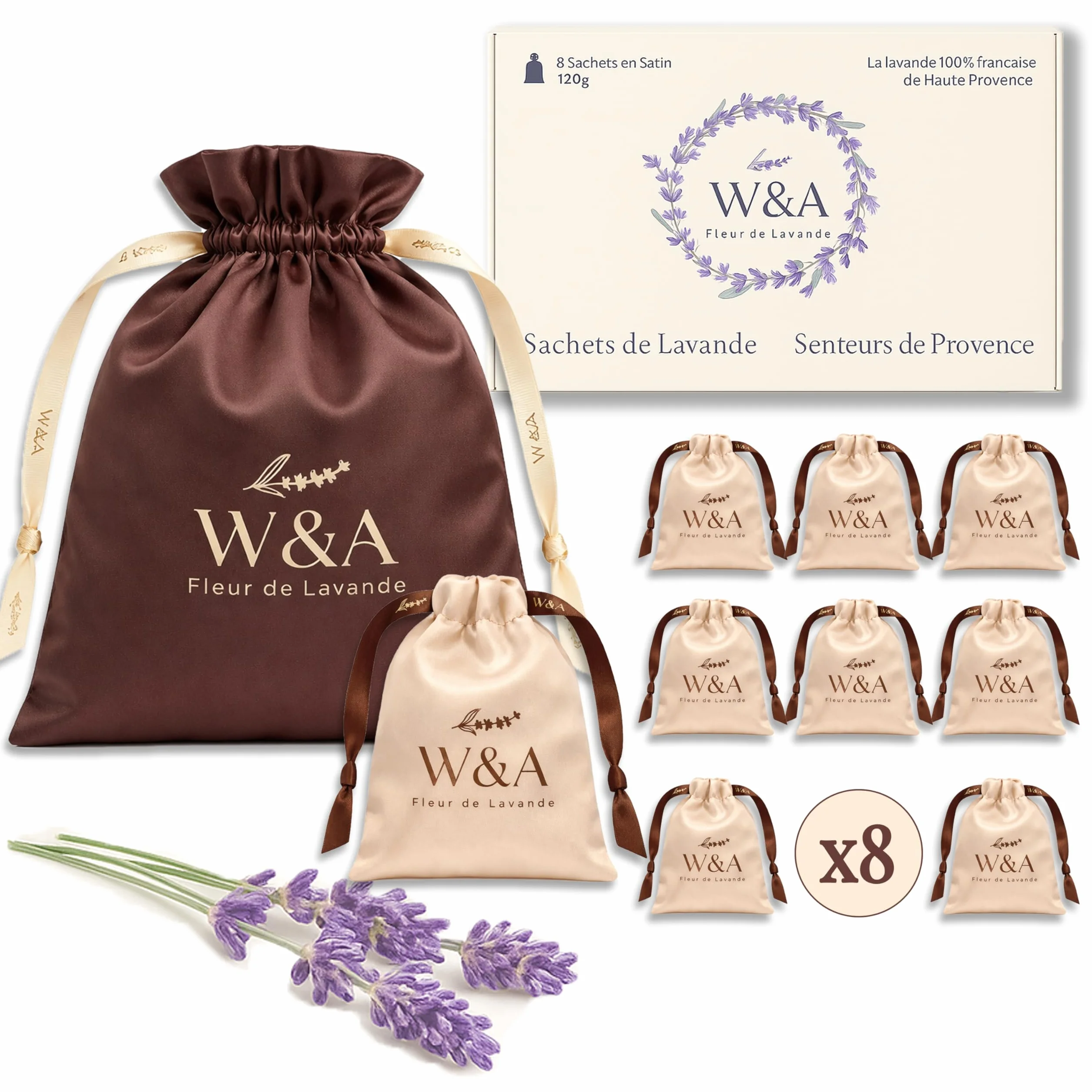 Sachets de Lavande Parfumés en Satin 8 Sachets Anti-Mites Naturel Coffret Cadeau Lavande Francaise