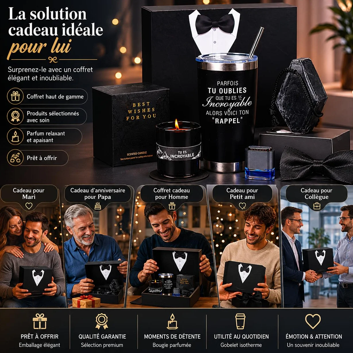 Coffret Cadeau pour Homme de Luxe avec Bougie Parfumée,Tasse,Cadeaux de Saint Valentin/Fête des Pères/Anniversaire/d'anniversaire/Retraite,Cadeau Merci pour Papa,Mari,Petit ami,Frère,Ami,Collègue
