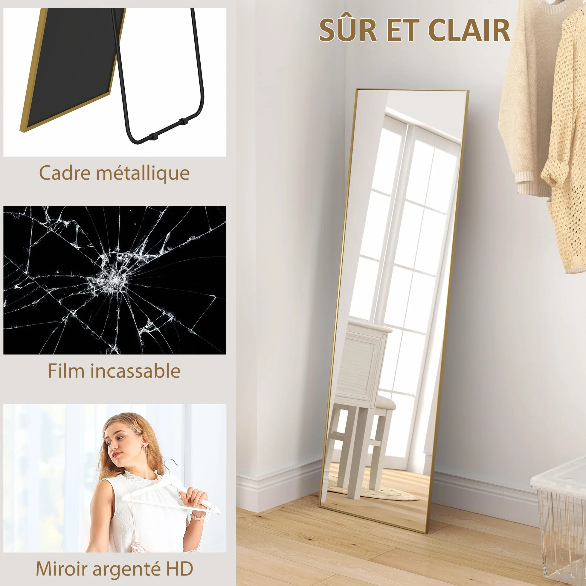 HOMCOM Grand Miroir Pleine Longueur 160 x 50 cm sur Pied Mural ou Posé Contre Mur pour Chambre à Coucher Salon Dressing