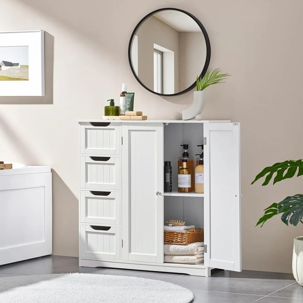Yaheetech Meuble Salle de Bain Rangement, Armoire Toilette, avec 4 Tiroirs et 1 Large Placard, 1 Etagère Intérieure, 81 × 30 × 83 cm, Grande Commode Chambre Cuisine Blanc