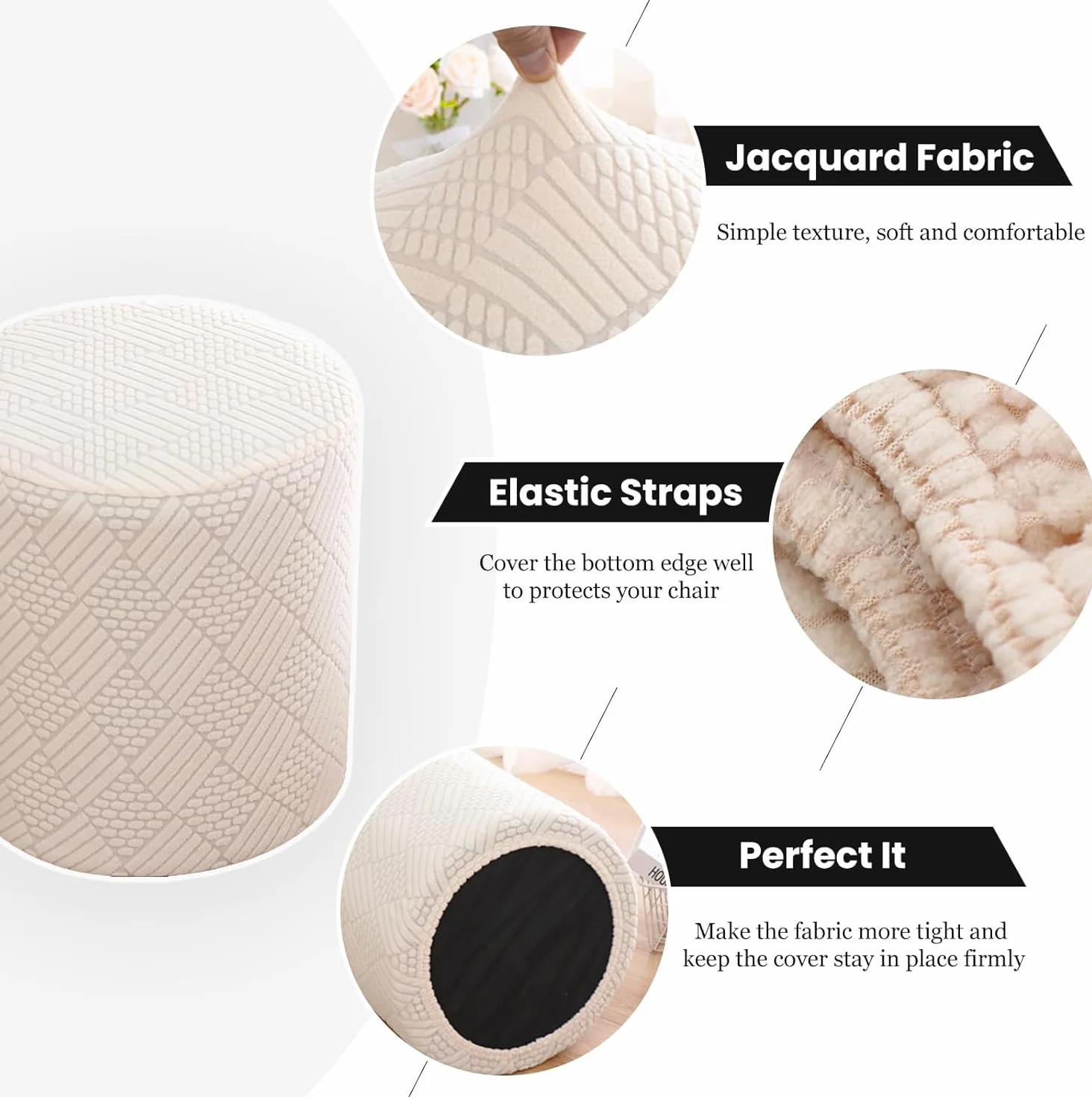 Housse de Pouf Ottomane Rond Extensible Lavable en Machine avec Élastique Light Grey L