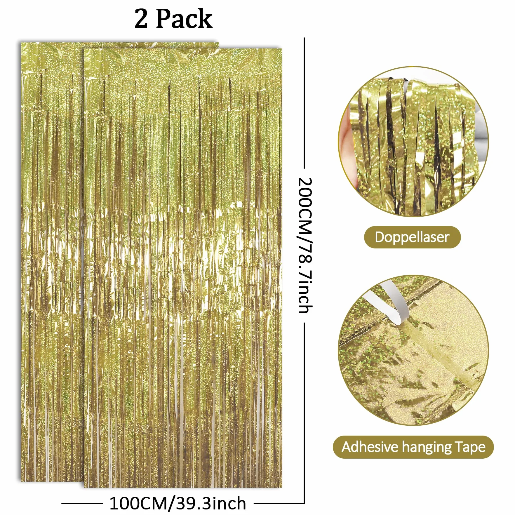 Rideau Métallique de Frange Aluminium Brillant 1m x 2m Champagne Doré, 2 Pièces pour Décoration de Fête et Mariage