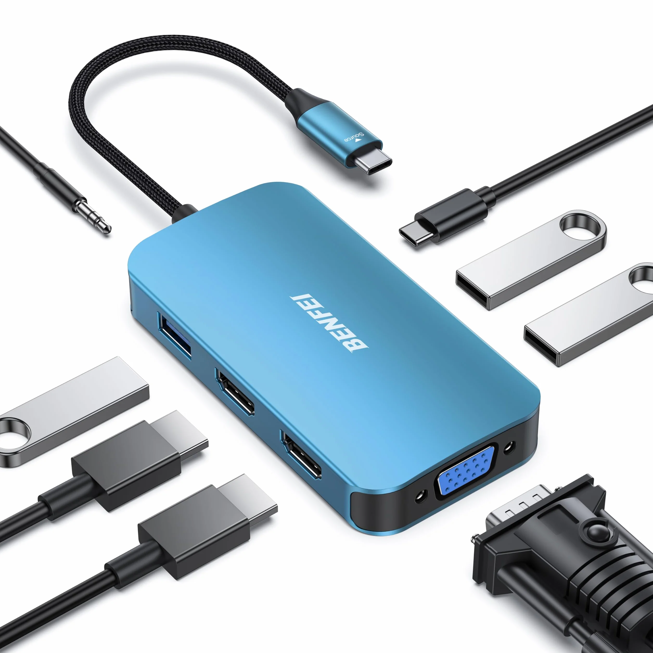 BENFEI Hub USB C MST 8 en 1 USB-C vers 2 HDMI 1 VGA 3 Ports USB 3.0 100 W Audio 3,5 mm Compatible iPhone 15 Pro MacBook Pro Surface