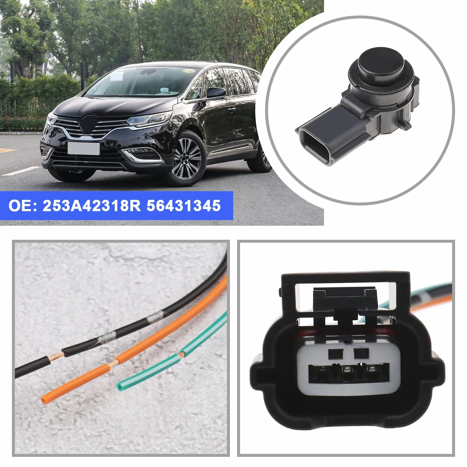 Create idea Złącze wtykowego czujnika parkowania PDC 3-pin, przewód 56431345, kompatybilny z Audi, kompatybilny z Renault, wtyk do czujnika parkowania samochodowego 3-pin, kabel 15 cm
