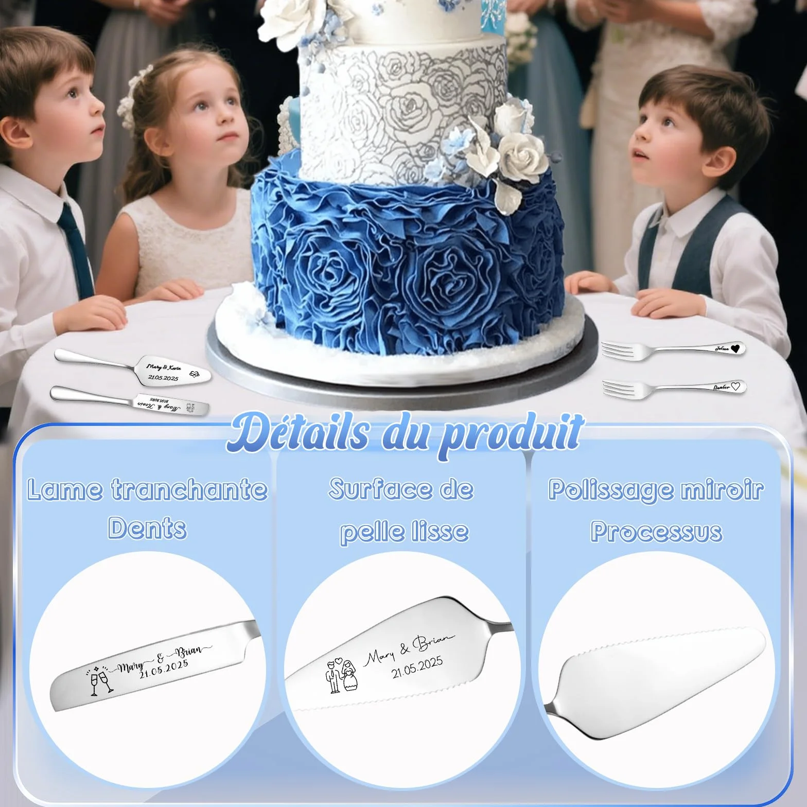 Couteau à Gâteau Mariage Personnalisé Ensemble Acier Inoxydable Gravure Cadeau Fiançailles Argent