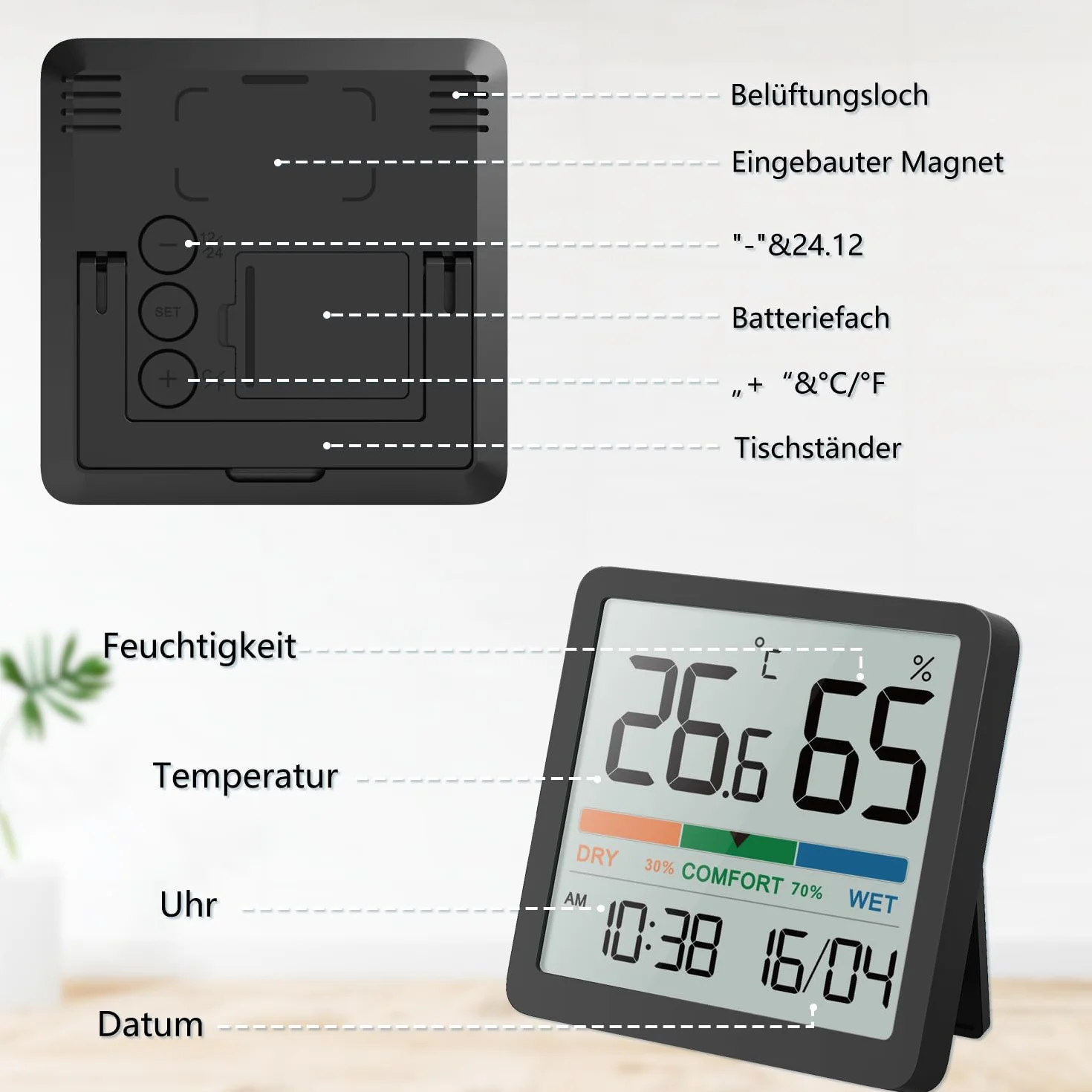 NOKLEAD Thermomètre d'ambiance numérique Hygromètre d'intérieur avec date horloge Indicateur de confort Noir