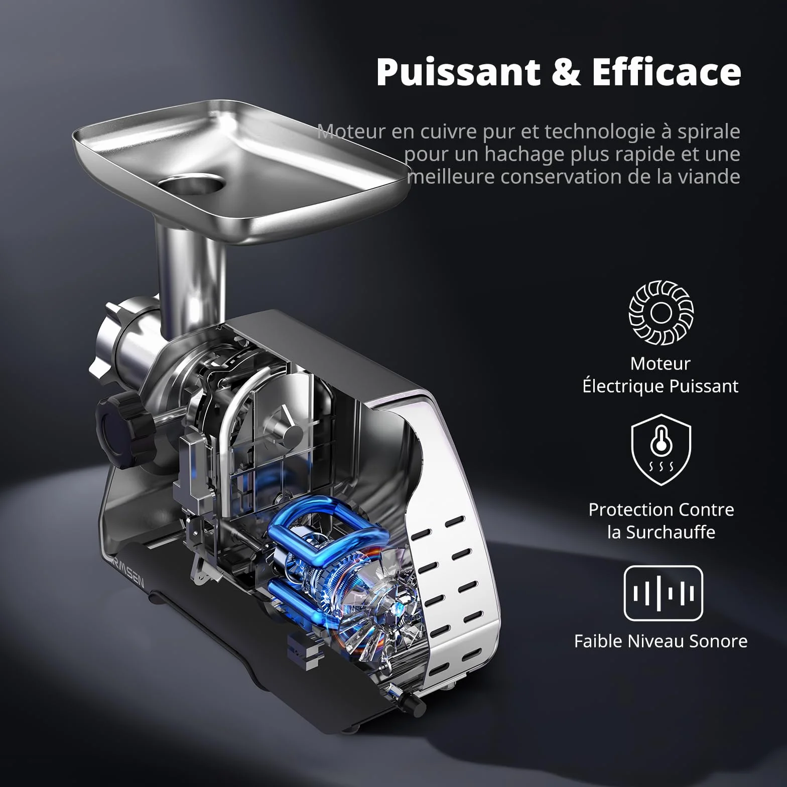 AIRMSEN Hachoir à Viande Électrique 3 en 1– Machine à Saucisses en Acier Inoxydable avec 3 Plaques, 2 Lames en Acier Inoxydable et Kit Kubbe – Rapide, Silencieux, Facile à Nettoyer pour Maison