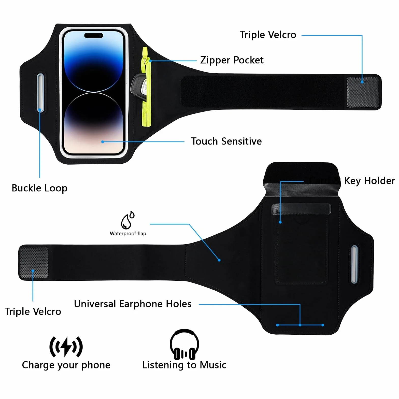 TRIXES Czarna opaska na ramię do biegania z akcesoriami torba na słuchawki pasuje do iPhone'a 15 Pro Max/14 Pro/13 Pro Max/12/12 Pro/11/XR/XS/X/8 Plus - nadaje się do smartfonów do 6,7 cala