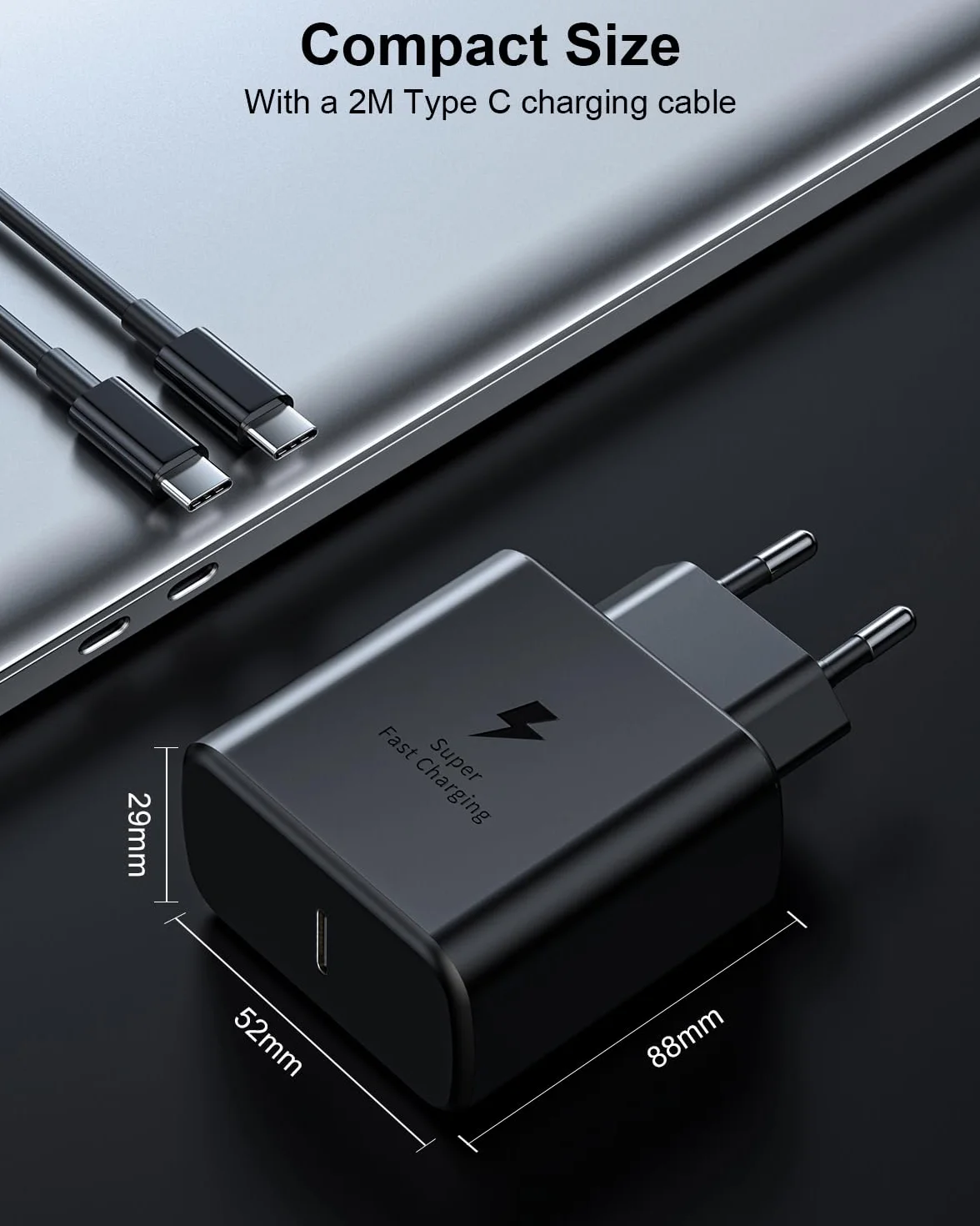 Szybka ładowarka USB-C 45W do Samsung Galaxy S25/S25 Ultra/S24/S24 Ultra/S23/S23 Ultra/S22/S21/A55/A54/A15/A56/A26/A54/A53, zasilacz ścienny z 2-metrowym czarnym kablem USB-C do szybkiego ładowania