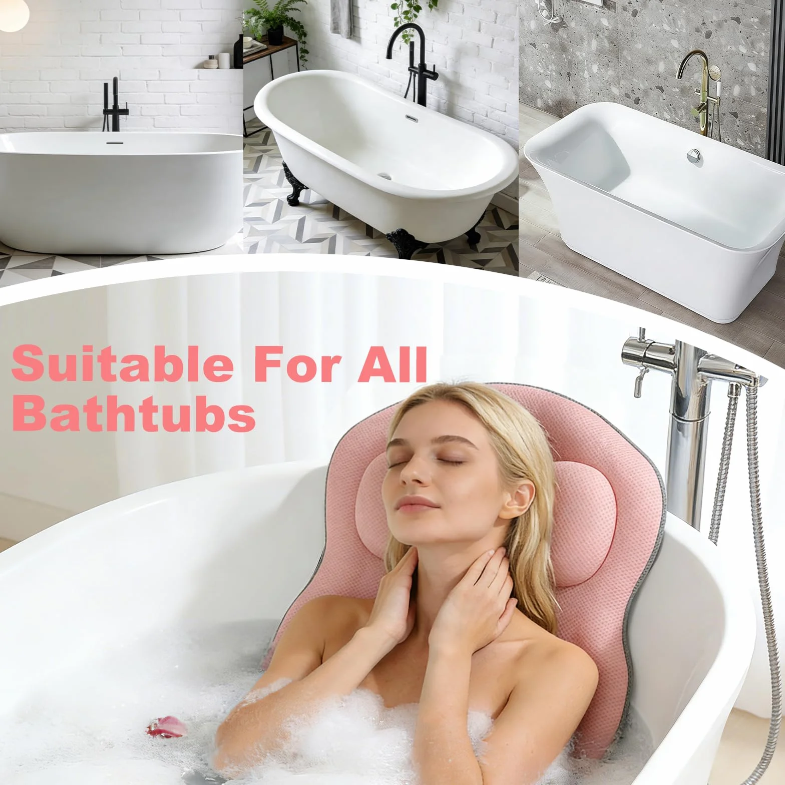 Coussin de bain complet pour la baignoire, tapis de bain épais avec appui-tête, soutient la nuque, le dos et les jambes, coussin de bain avec ventouses et crochets de suspension (rose)