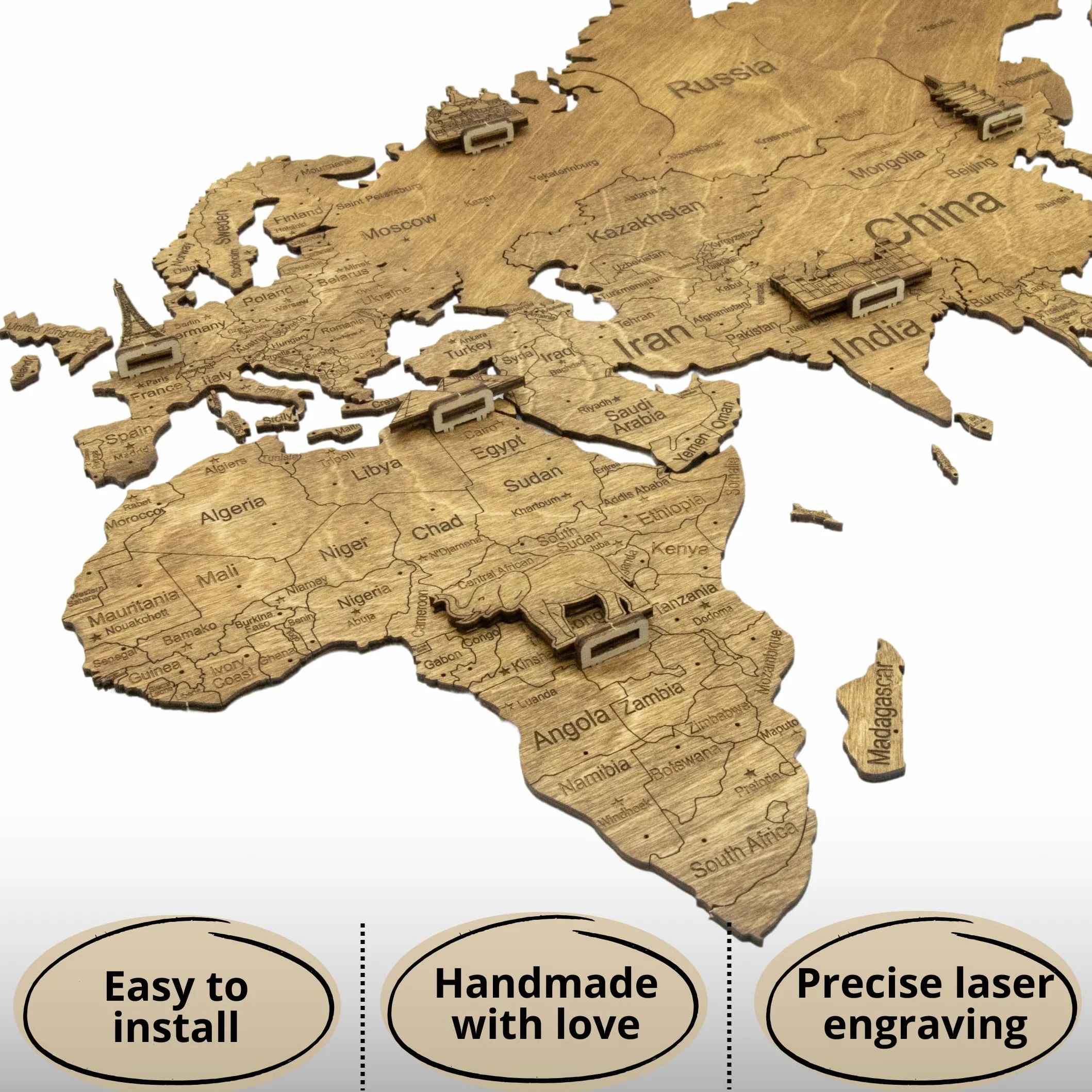 Carte du Monde Murale en Bois 2D – Mappemonde Bois Décorative | Planisphère Mural | Wooden World Map | Décoration Murale Salon Bureau | Idée Cadeau Voyageur (Dark, 100L x 70l cm)