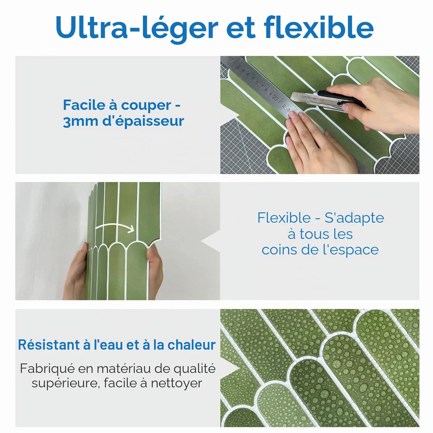 COMSTICKC Mat Vert Credence Adhesive 3D Carrelage Mural 30x30 cm 10 Pièces PVC