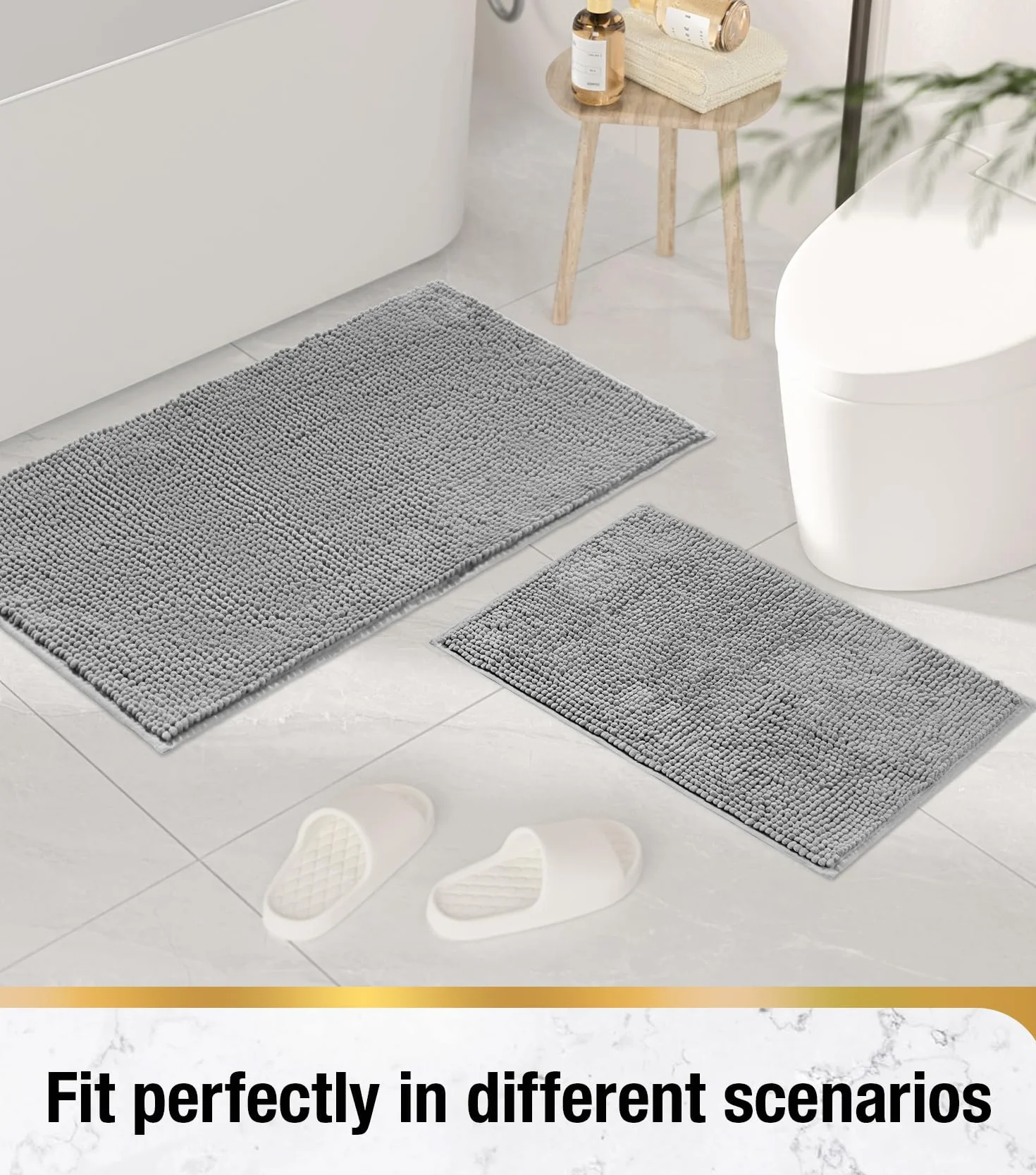 HITSLAM Tapis de Bain en Chenille 60x40cm Antidérapant Super Absorbant Lavable en Machine Gris