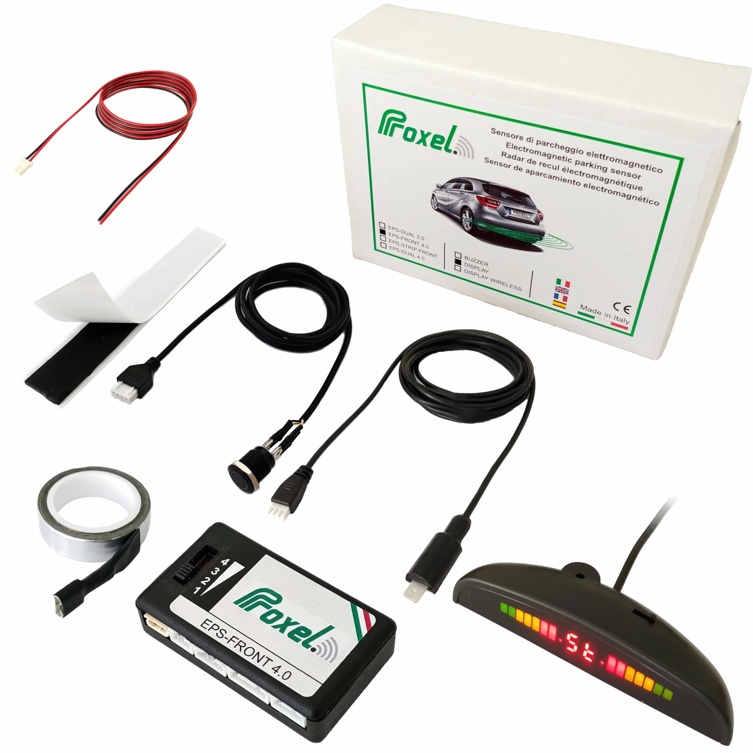 Proxel - Niewidoczne elektromagnetyczne czujniki parkowania z przodu, EPS-FRONT 4.0 z wyświetlaczem, bez wiercenia zderzaka, uniwersalny i oryginalny zestaw