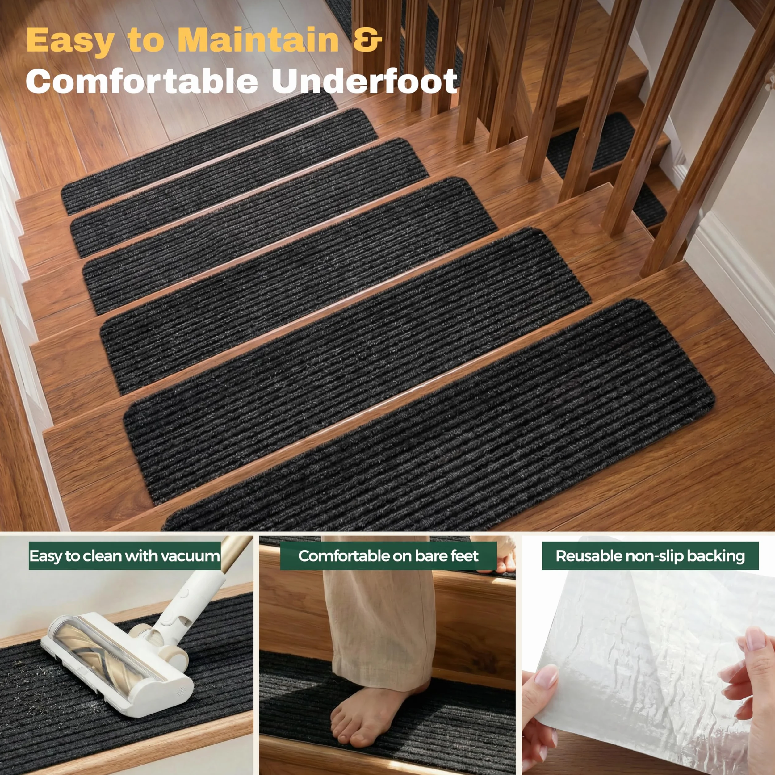 MBIGM Lot de 15 Marchettes d'escalier 20x65 cm Tapis de sécurité Antidérapant Noir