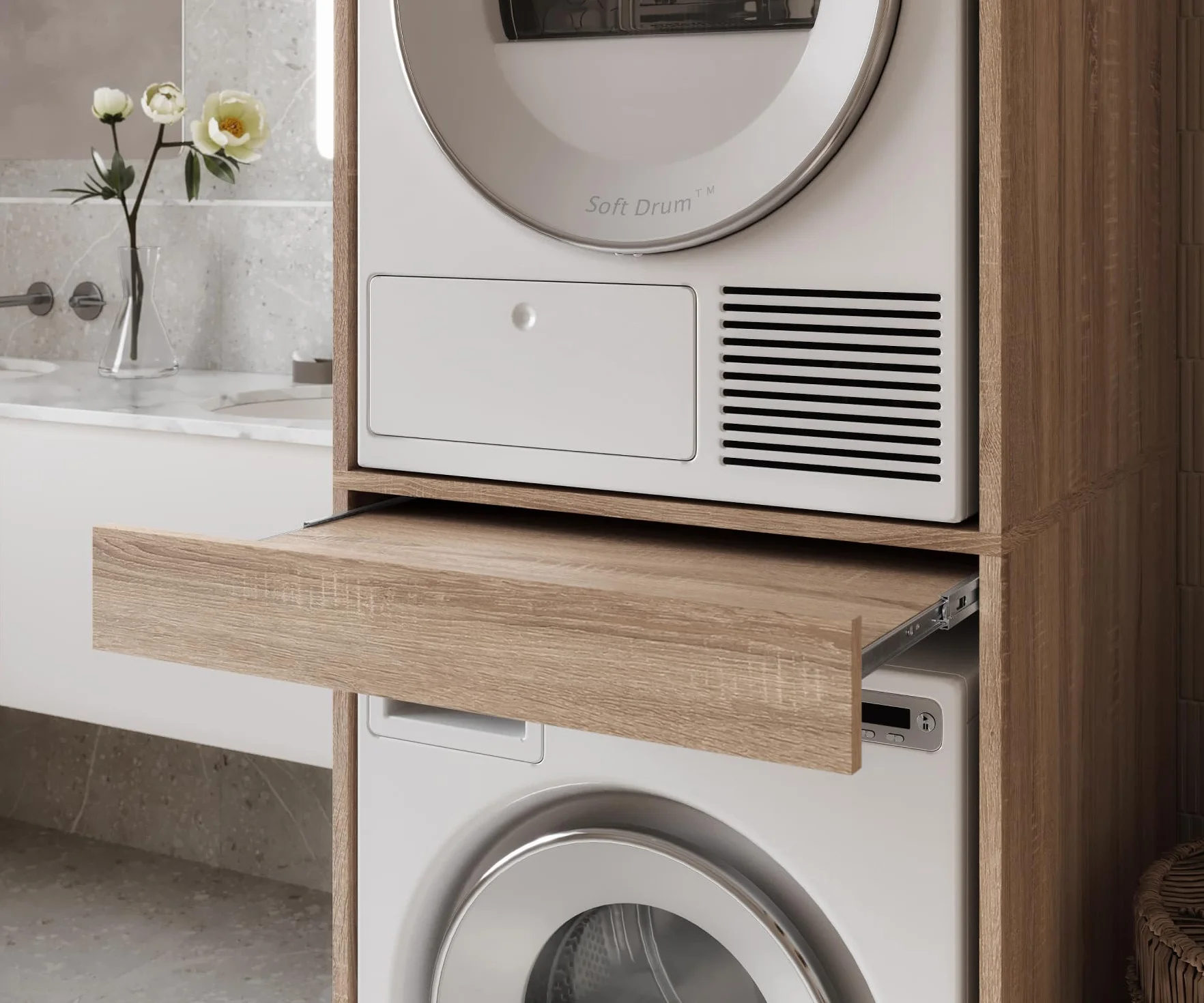 PLATAN ROOM Armoire pour machine à laver et sèche-linge avec plateau coulissant • Meuble pour machine à laver et sèche-linge • Armoire haute 187 x 65 x 66 cm (chêne Sonoma)