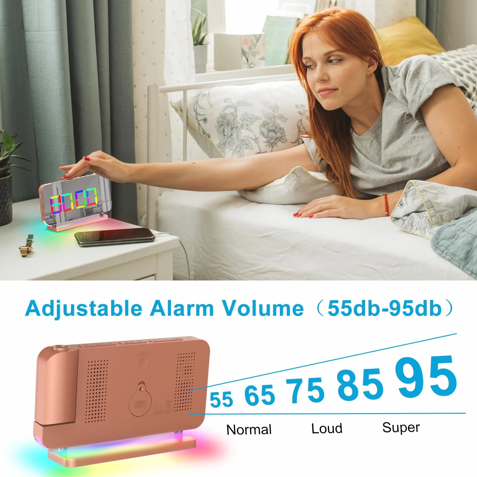 Euakee Réveil Numérique LED Miroir 7.4" Projecteur Rotatif 180° Chargeur USB-C Veilleuse 10 Couleurs