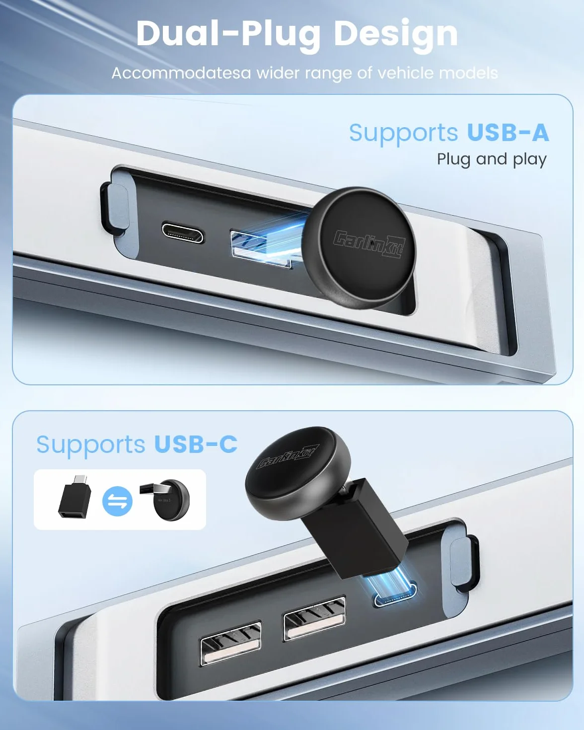 CarlinKit MINI Ultra3 Najnowszy bezprzewodowy adapter CarPlay i Android Auto, umożliwiający szybkie połączenie przewodowe z bezprzewodowym, kompatybilny z systemami iOS 10+ i Android 11.0+.