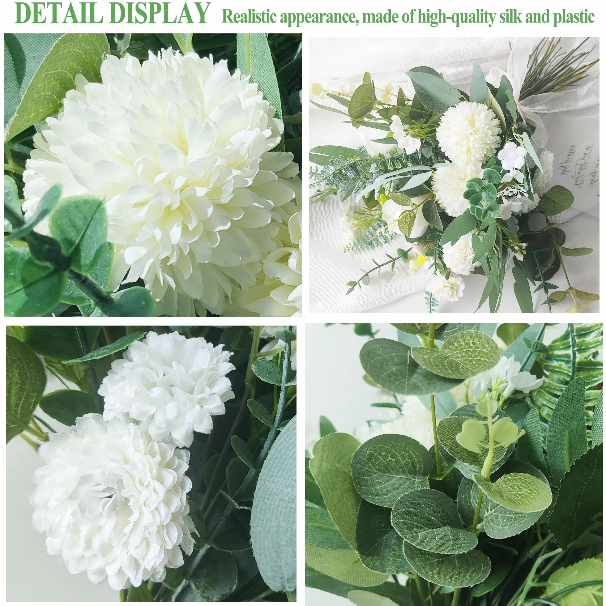 ROLLWAY Bouquet de Fleurs Artificielles 55pcs Fausse Soie Décoration Maison Mariage Bureau Vert Blanc