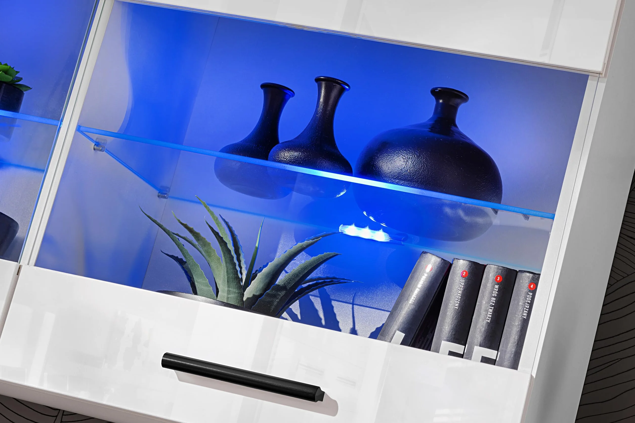 Komodee, Vitrine Armoire Savona, Blanc Blanc, Largeur 100 cm x Hauteur 50 cm x Profondeur 30 cm, LED Bleues, 2 étagères, pour Salon, Chambre, Entrée, Cuisine
