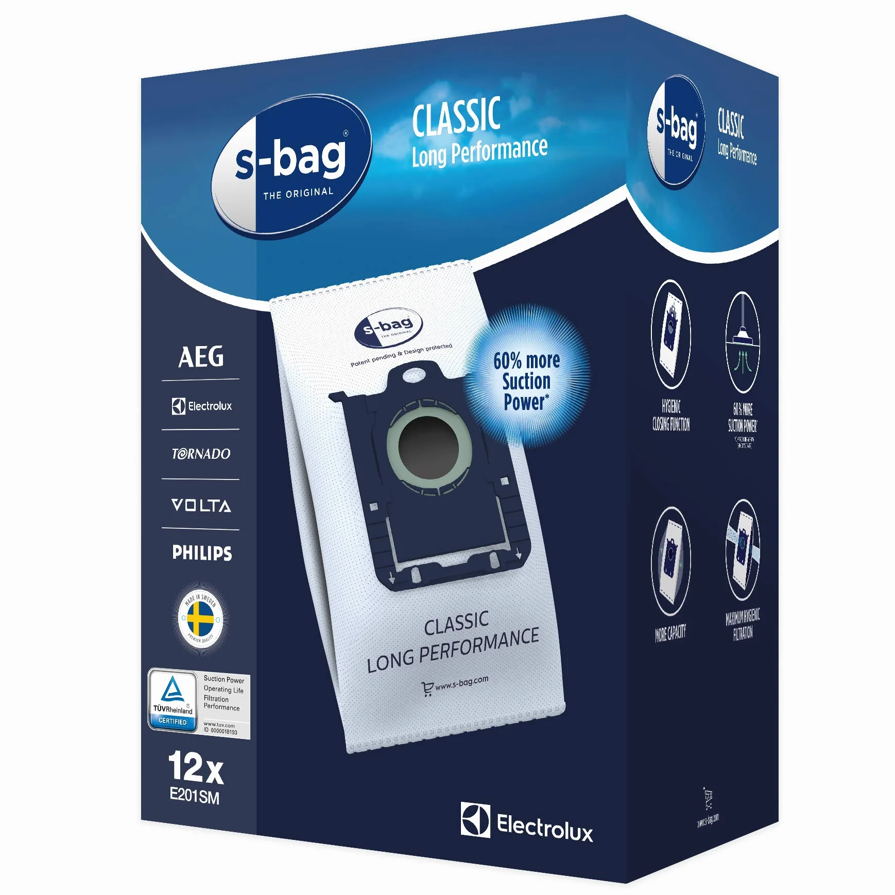 Electrolux E201SM Sac Aspirateur S-Bag Classic Long Performance, Boite de 12 Sacs