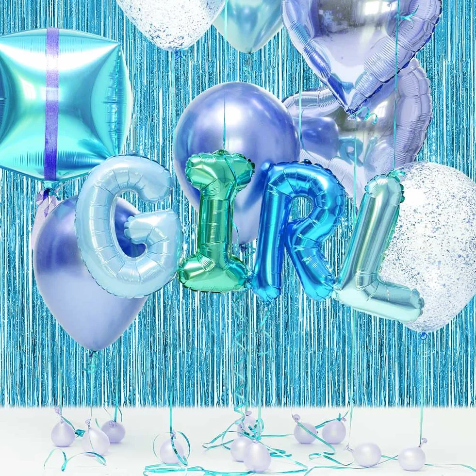 OFFCUP Rideau Métallique de Frange Bleu Clair 1m x 2m Aluminium Brillant Décoration Fête Mariage Anniversaire Photobooth
