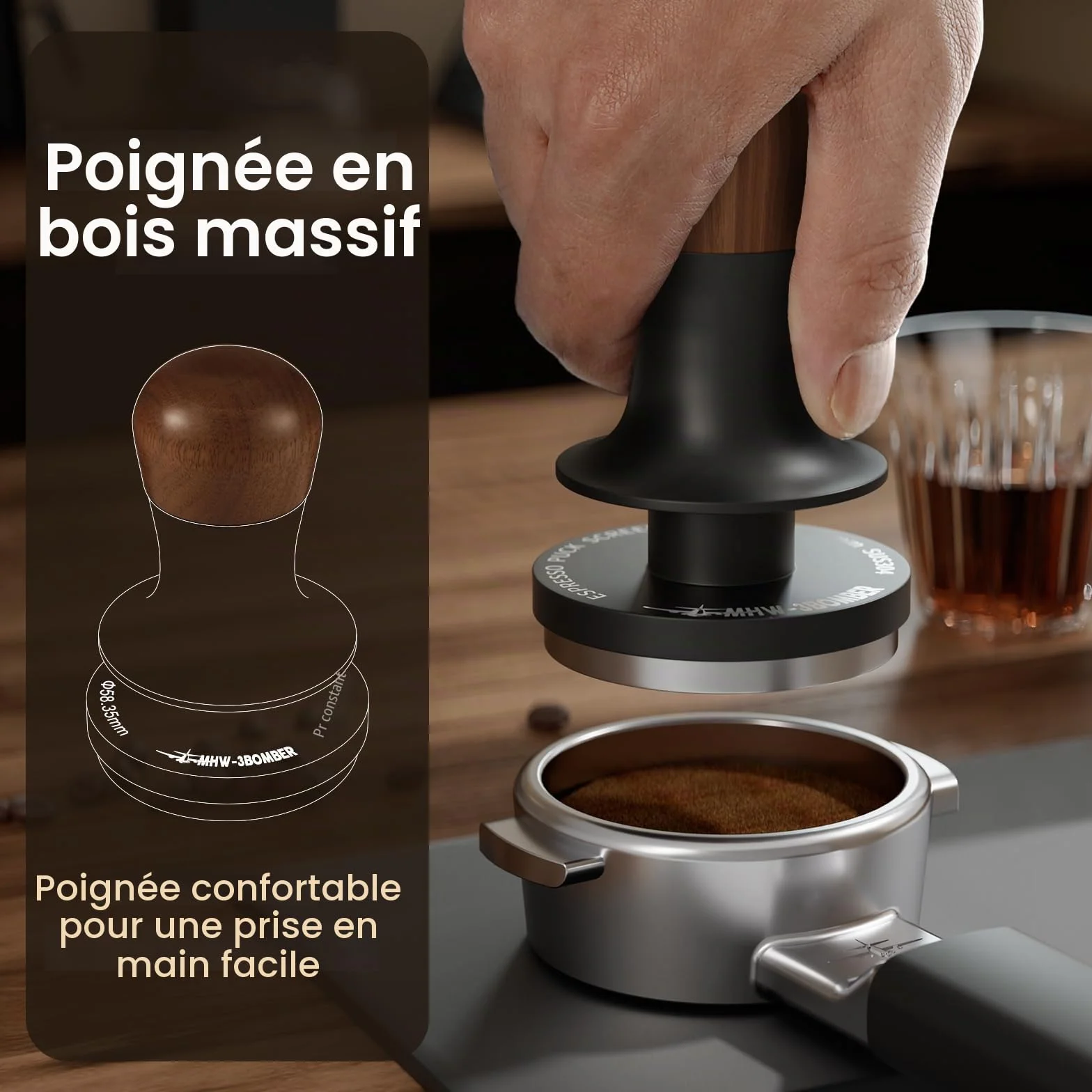 MHW-3BOMBER 2.0 Tamper à café 58 mm avec Pression constante, Retour sonore, 3 Ressorts intégrés 15/30lbs, Tamper Espresso 58,35 mm, modèle : T6172T