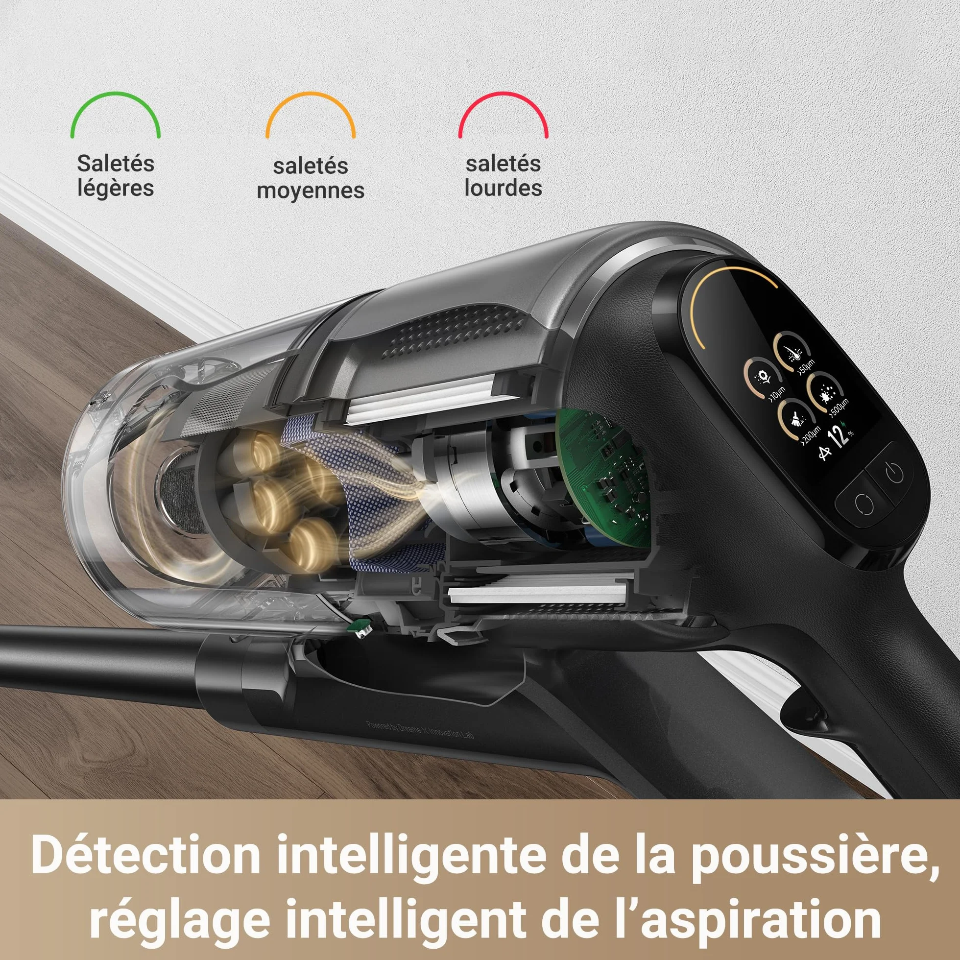 dreame Z30 Aspirateur Balai sans Fil, 28 000PA / 310 AW, Moteur Haute Vitesse, Autonomie 90 Min, Filtre HEPA H14, Technologie de Détection de Poussière, Élimination des Poils d’Animaux de Compagnie