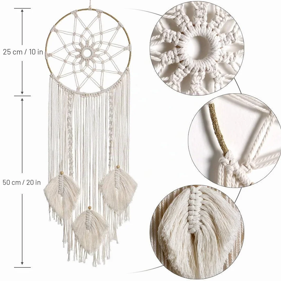 Attrape-rêves en macramé Décoration murale Art mural tissé à la main bohème Cercle métallique Beige