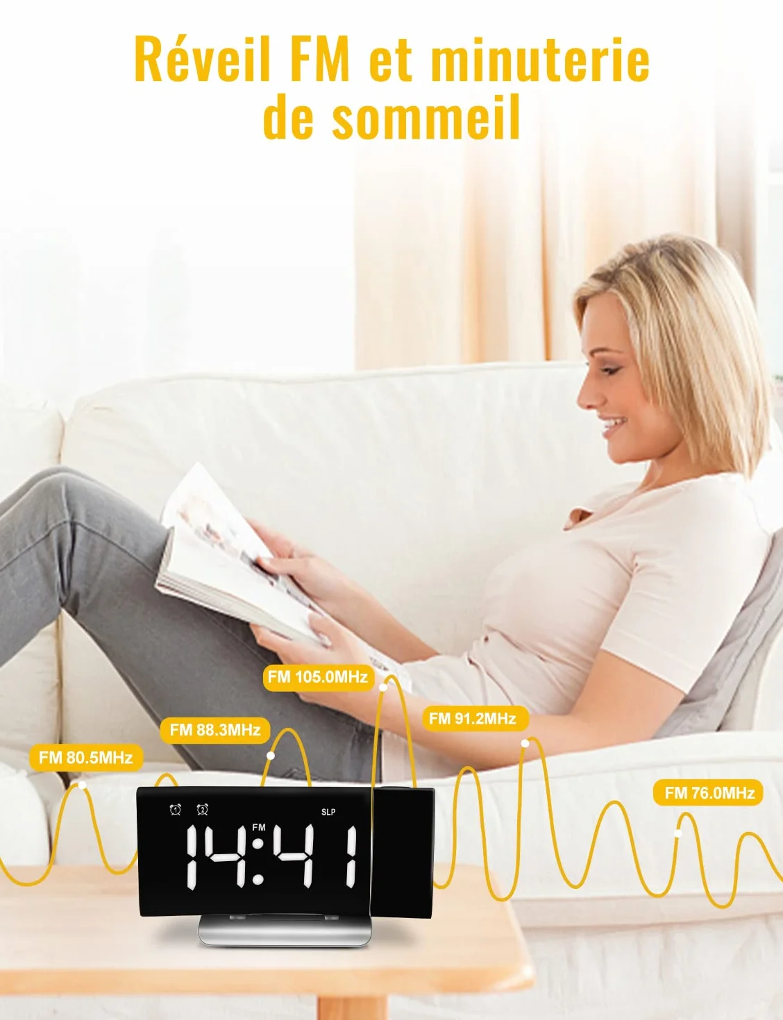 Radio Réveil Projecteur Plafond 4 Luminosité Écran 3 Projection Réglable Double Alarme Snooze Réveil Numérique Chambre