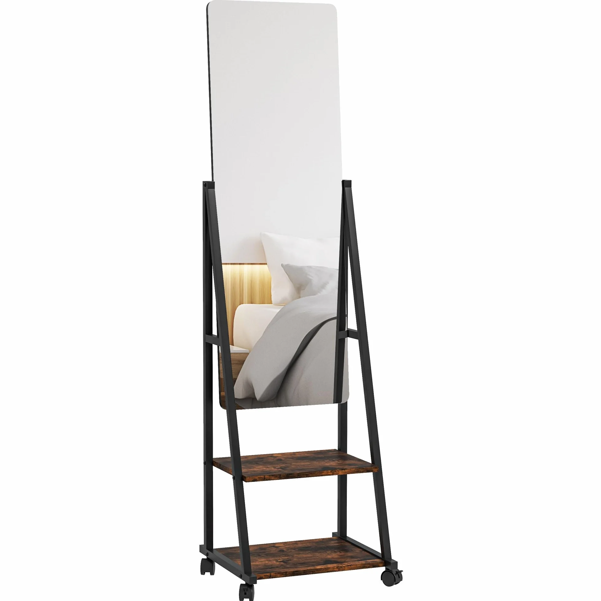 HOMCOM Miroir sur Pied rectangulaire avec Angle Ajustable, Miroir de Sol sur roulettes, 2 étagères, 4 Roues, 42x37x155 cm, Noir et Brun Rustique