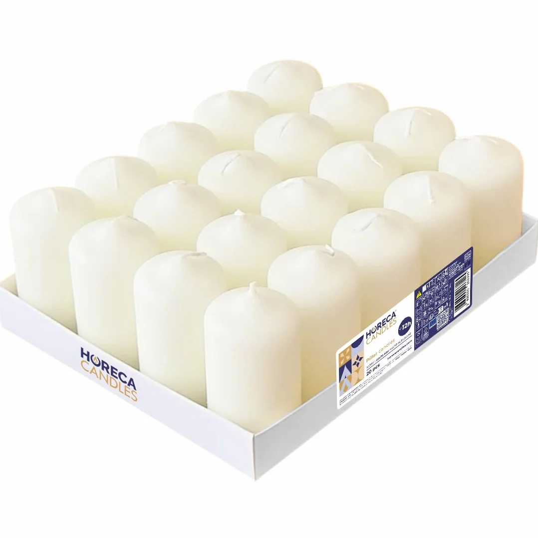 Bougies Piliers Horeca Ivoire Ø 4 x 7 cm Lot de 20 Longue Durée 12 Heures Cire Non Parfumées