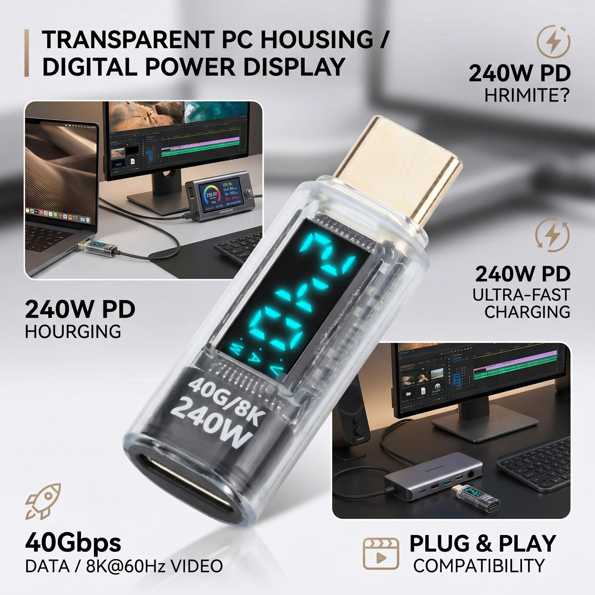 Miernik Mocy Adaptera USB C, Tester Miernika Mocy Adaptera USB C, PD240W 60 Hz 40 Gb/s 8 K Wykryj Napięcie Prądu Zasilania, Adapter Przedłużający USB C Męski na żeński.
