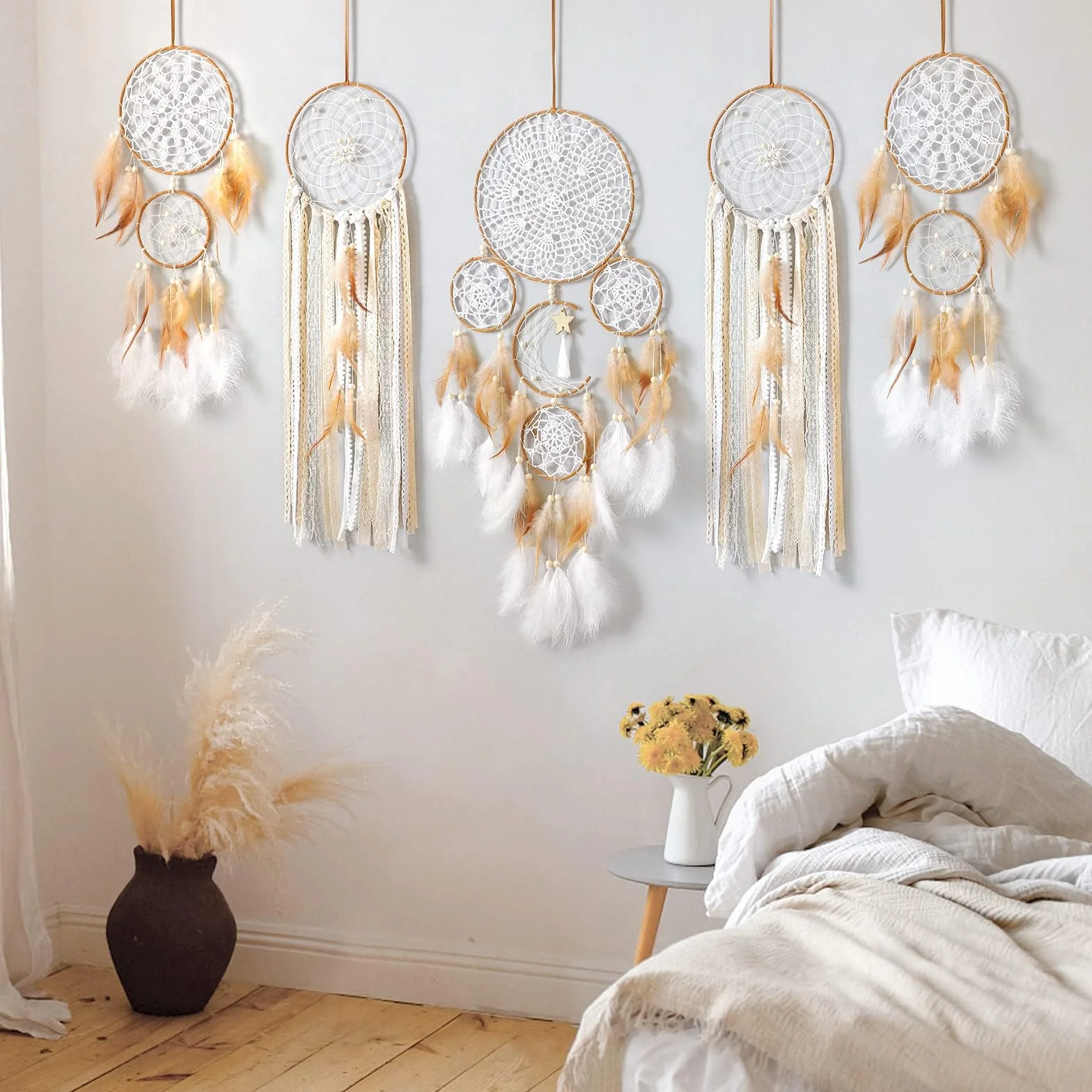 LOMOHOO Lot de 5 attrape-rêves lune soleil - Décoration murale bohème marron